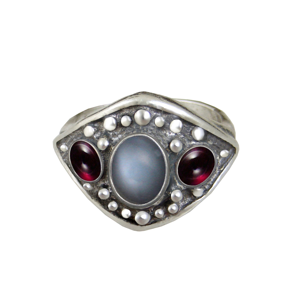 Sterling Silver Medieval Lady's Ring with Grey Moonstone And Garnet Size 9